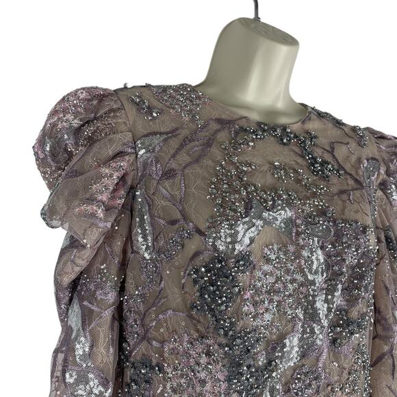 Mac Duggal Embellished High Neck Puff Sleeve A-Line Dress Taupe Size 6 - Picture 6 of 12